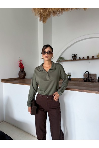 Kadın Haki Polo Yaka Çıt Çıtlı Uzun Kollu Sweatshirt