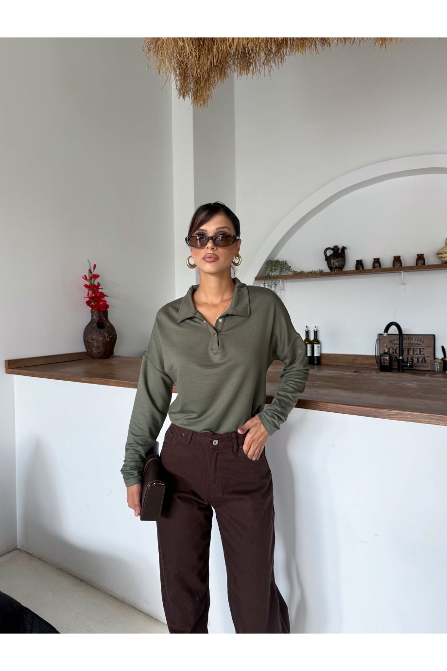 Kadın Haki Polo Yaka Çıt Çıtlı Uzun Kollu Sweatshirt