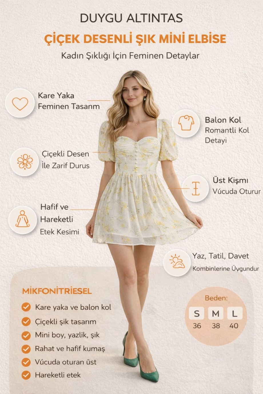 Duygu Altıntaş Çiçek Desenli Mini Elbise – Kare Yaka Balon Kol Yazlık Kadın Elbise