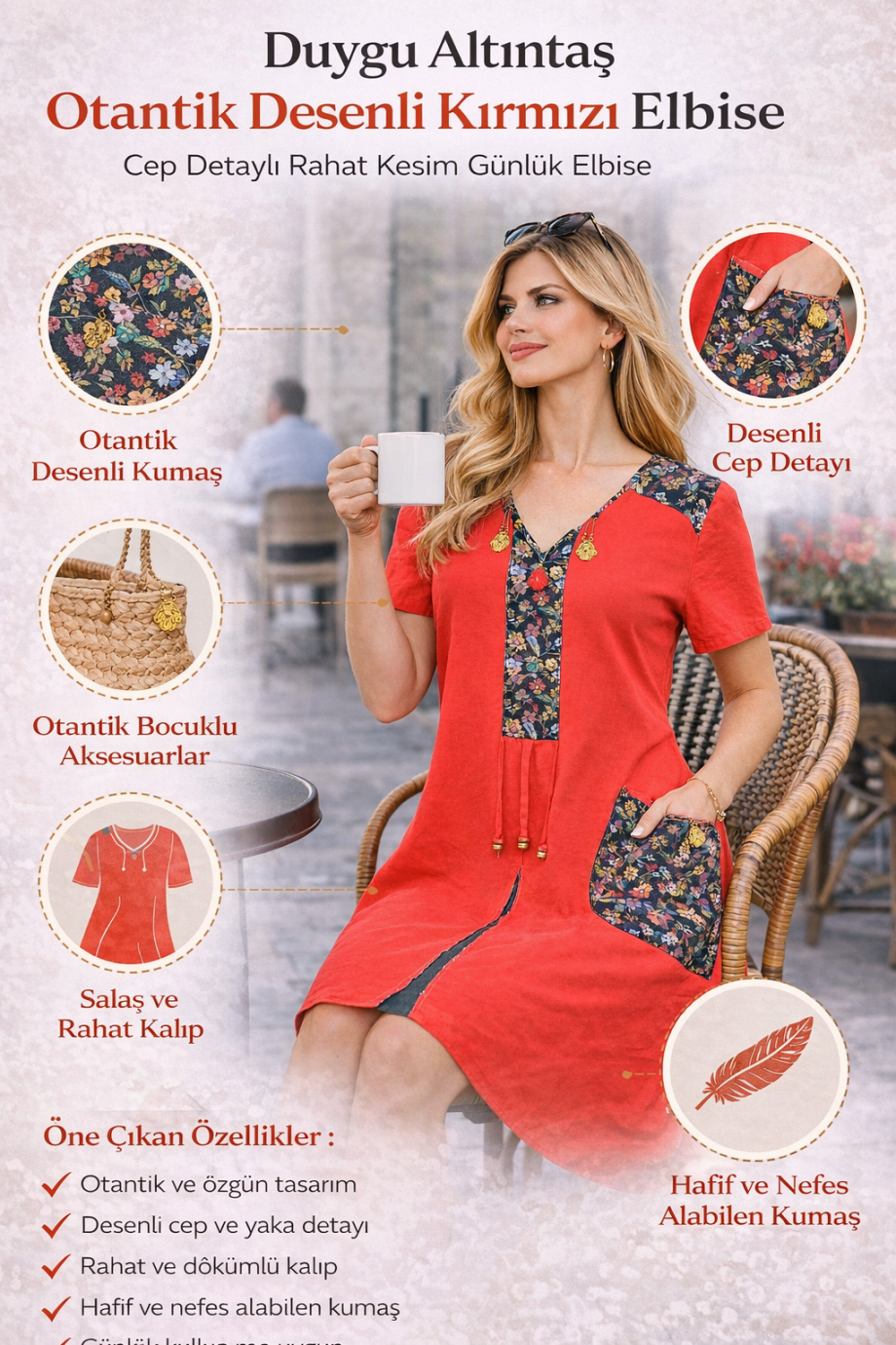 Duygu Altıntaş Otantik Desenli Kırmızı Elbise – Cep Detaylı Rahat Kesim Günlük Elbise