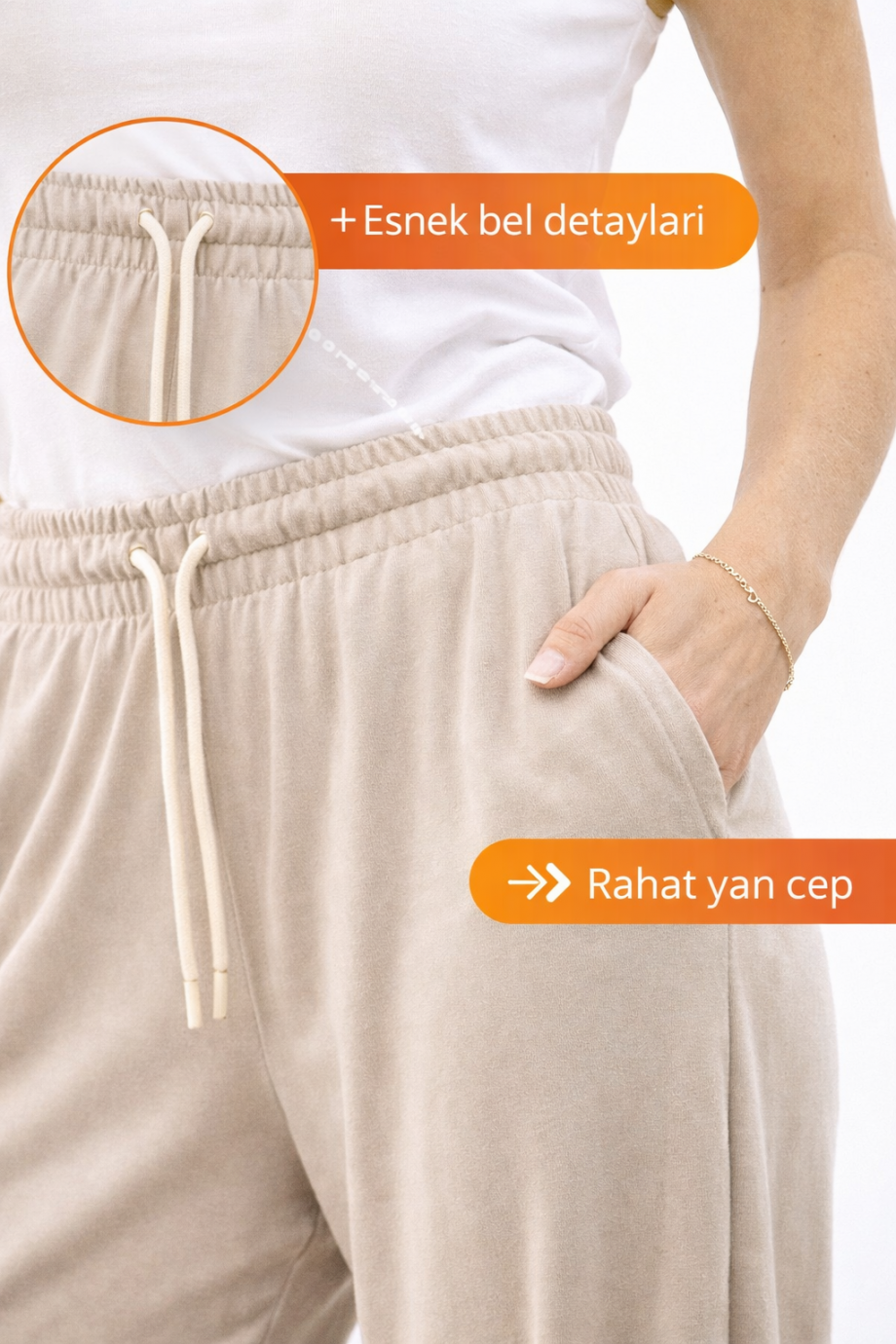 Duygu Altıntaş Bej Salaş Pantolon – Lastikli Bel Rahat Kalıp Yazlık Günlük Pantolon