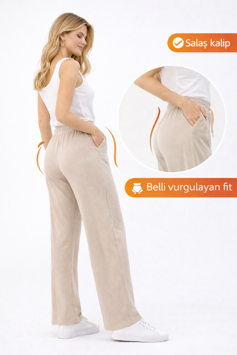 Duygu Altıntaş Bej Salaş Pantolon – Lastikli Bel Rahat Kalıp Yazlık Günlük Pantolon