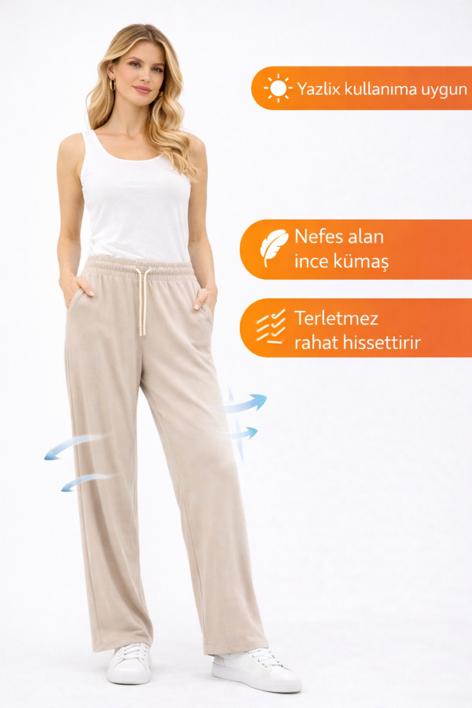 Duygu Altıntaş Bej Salaş Pantolon – Lastikli Bel Rahat Kalıp Yazlık Günlük Pantolon