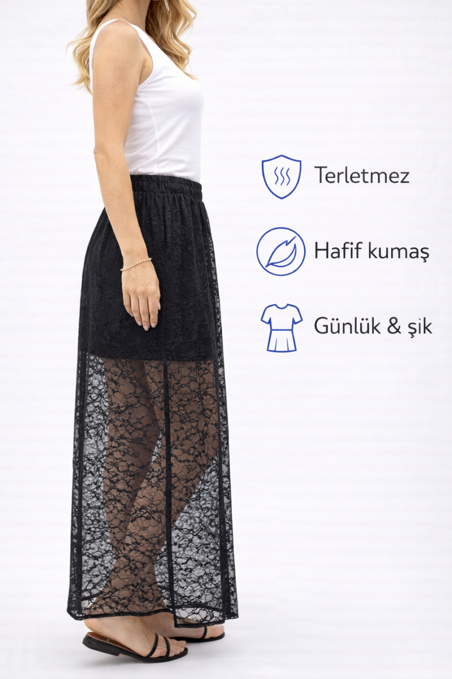Duygu Altıntaş Siyah Dantel Etek – Lastikli Bel Rahat Kalıp Astarlı Uzun Şık Etek