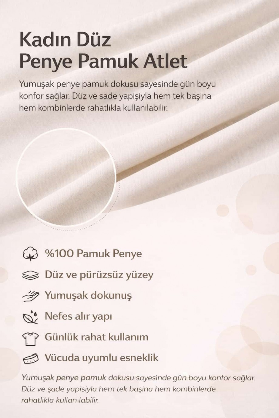 Kadın Ekru Düz Penye Pamuk Atlet – Esnek, Yumuşak Basic Günlük Üst