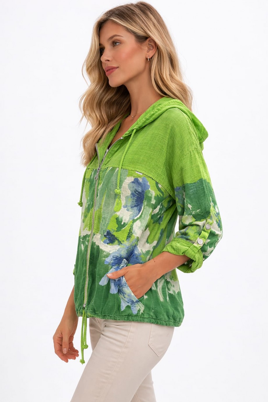 Duygu Altıntaş Desenli Kapüşonlu Fermuarlı Kadın Ceket – Rahat Kesim Günlük Şık