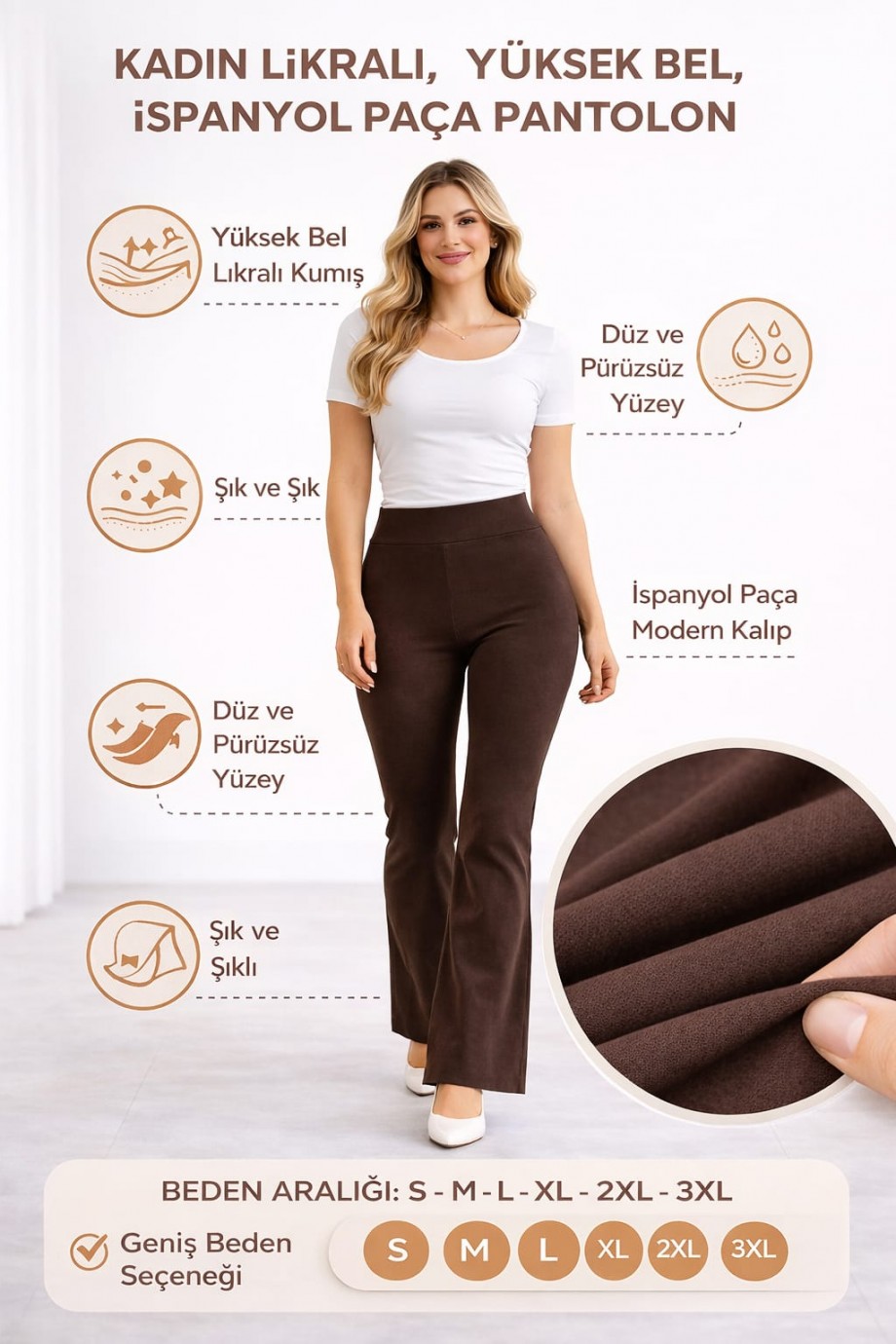 Yüksek Bel Toparlayıcı İspanyol Paça Kahverengi Örme Pantolon Yüksek Bel Toparlayıcı İspanyol Paça Kahverengi Örme Pantolon