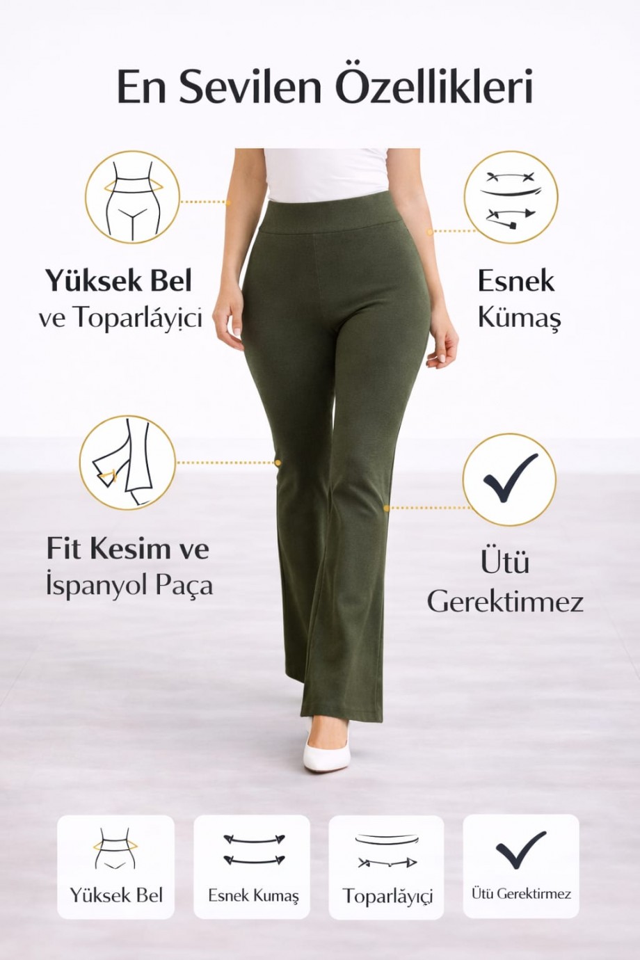 Yüksek Bel Toparlayıcı İspanyol Paça Haki Örme Pantolon