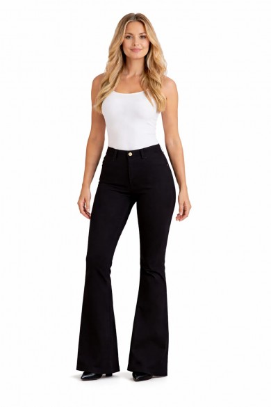 Yüksek Bel Toparlayıcı İspanyol Paça Siyah Çelik Örme Pantolon