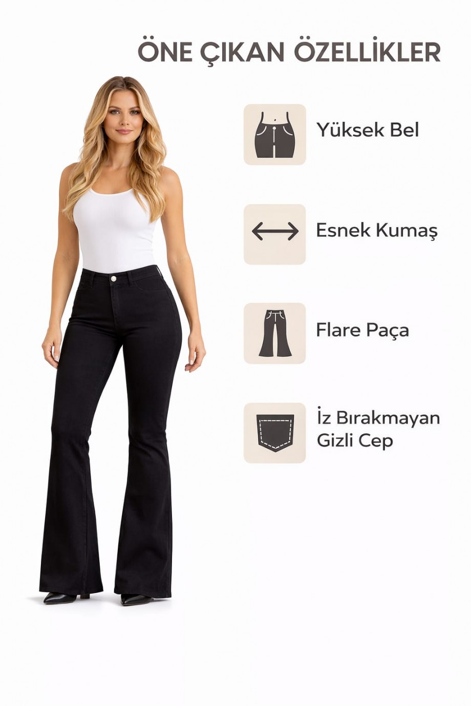 Yüksek Bel Toparlayıcı İspanyol Paça Siyah Çelik Örme Pantolon