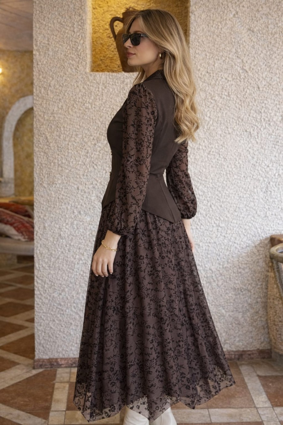 Duygu Altıntaş Vintage Şık Bluz Etek Takım – Dantel Detaylı Balon Kol Kombin