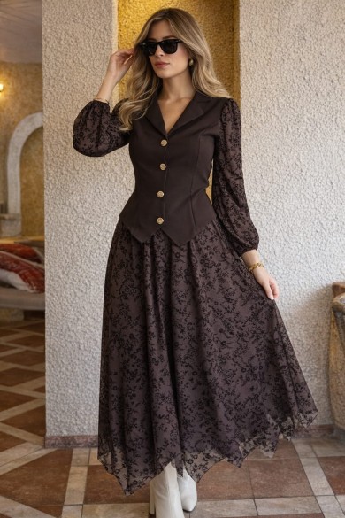 Duygu Altıntaş Vintage Şık Bluz Etek Takım – Dantel Detaylı Balon Kol Kombin