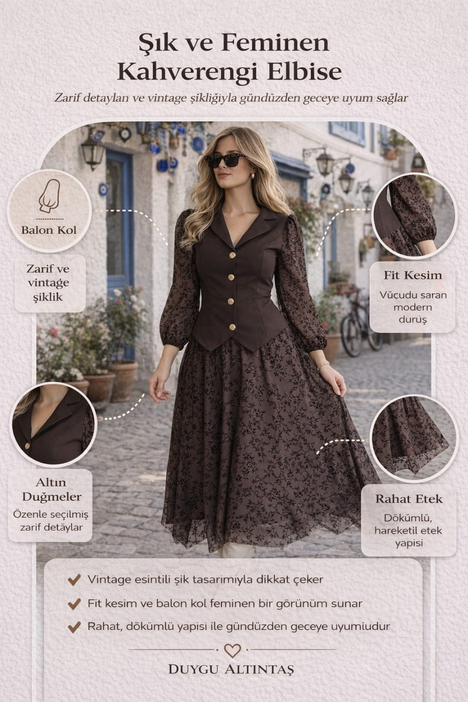 Duygu Altıntaş Vintage Şık Bluz Etek Takım – Dantel Detaylı Balon Kol Kombin