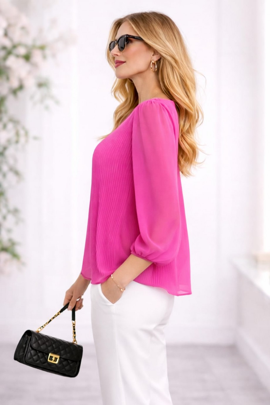 Duygu Altıntaş Fuşya Pileli Bluz – Şifon Kol Detaylı Rahat Kalıp Şık Bluz
