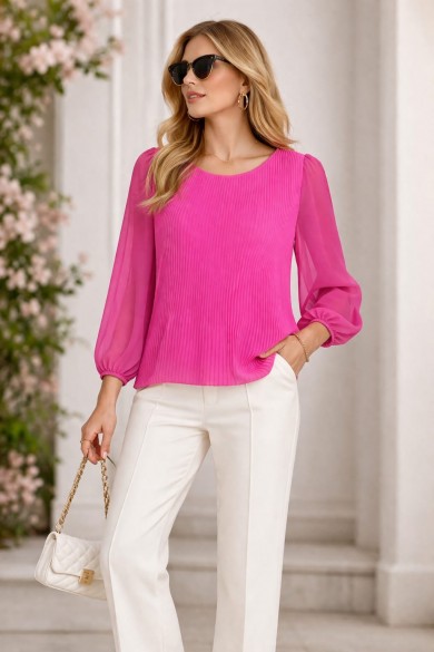 Duygu Altıntaş Fuşya Pileli Bluz – Şifon Kol Detaylı Rahat Kalıp Şık Bluz