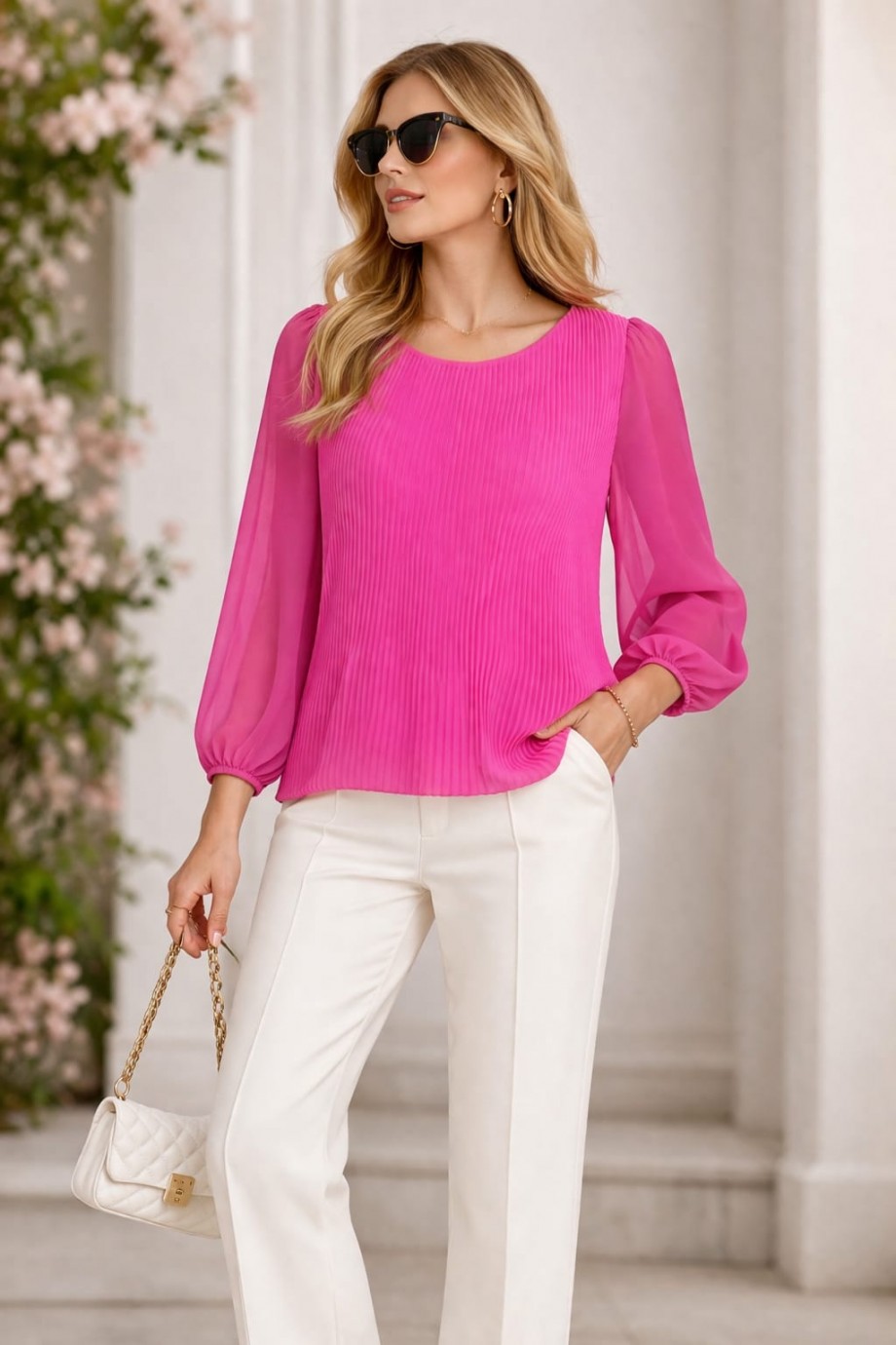Duygu Altıntaş Fuşya Pileli Bluz – Şifon Kol Detaylı Rahat Kalıp Şık Bluz
