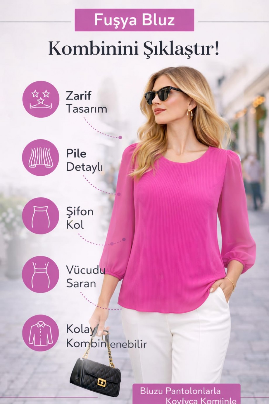 Duygu Altıntaş Fuşya Pileli Bluz – Şifon Kol Detaylı Rahat Kalıp Şık Bluz