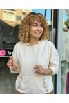Kadın Ekru Kapüşonlu İşlemeli Kanguru Cepli Sweatshirt